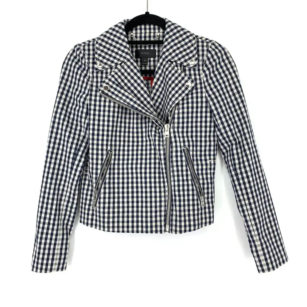 J. Crew Women's Size 00 Full Zip Plaid Moto Jacket Long Sleeves Navy/White Check